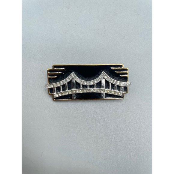 Vintage Signed MONET Pin Brooch Art Deco Inspired Black Enamel Over Gold Tone - Picture 7 of 14